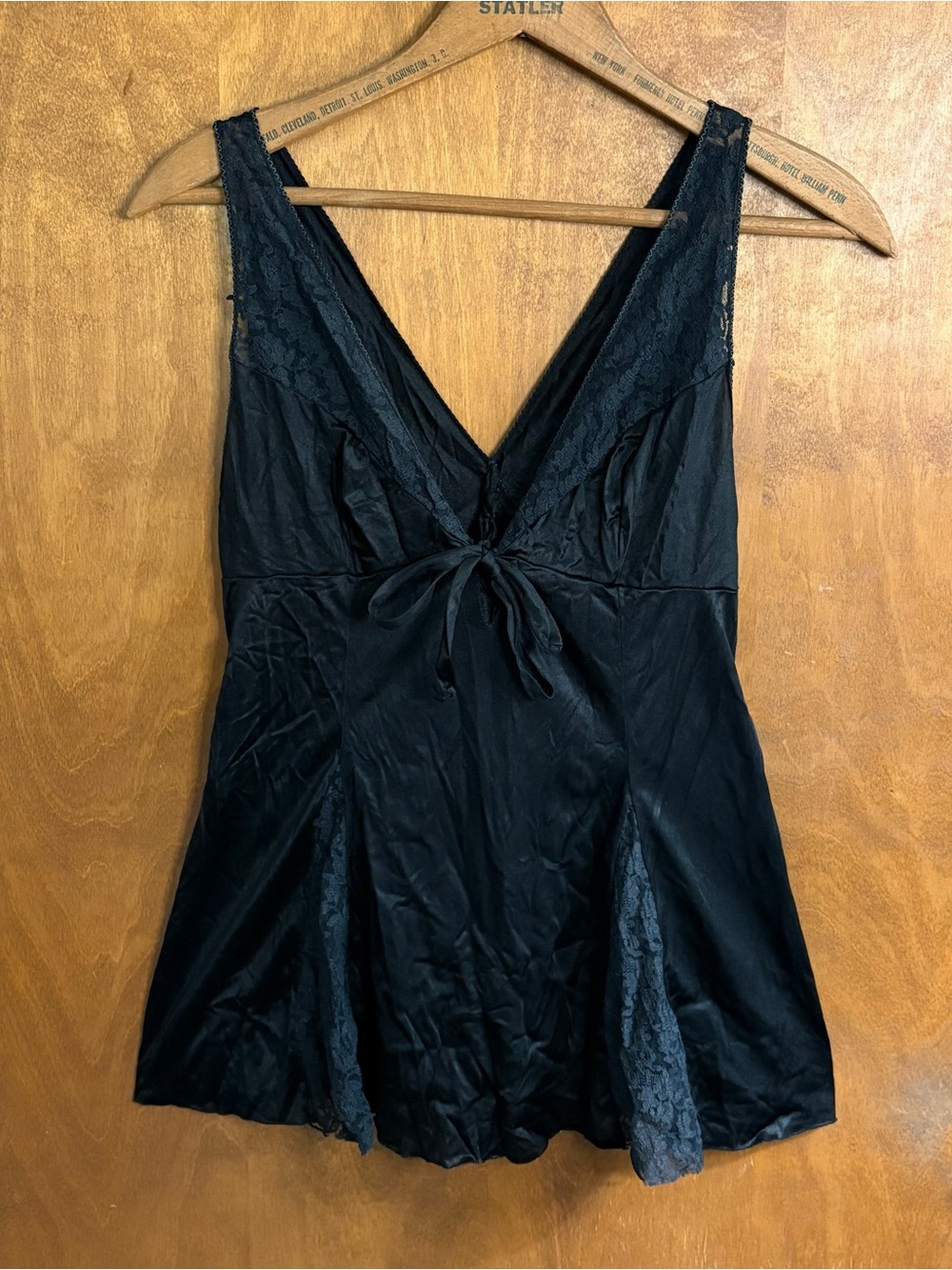 Vintage Y2K Black Satin Sheer Lace Babydoll Cami Top Tie Vampire Fairy Grunge